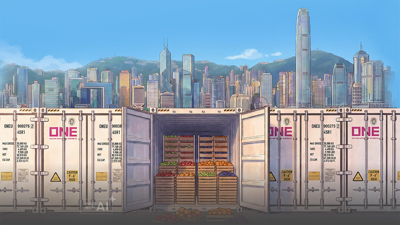 ONE reefer containers in front of Hong Kong skyline